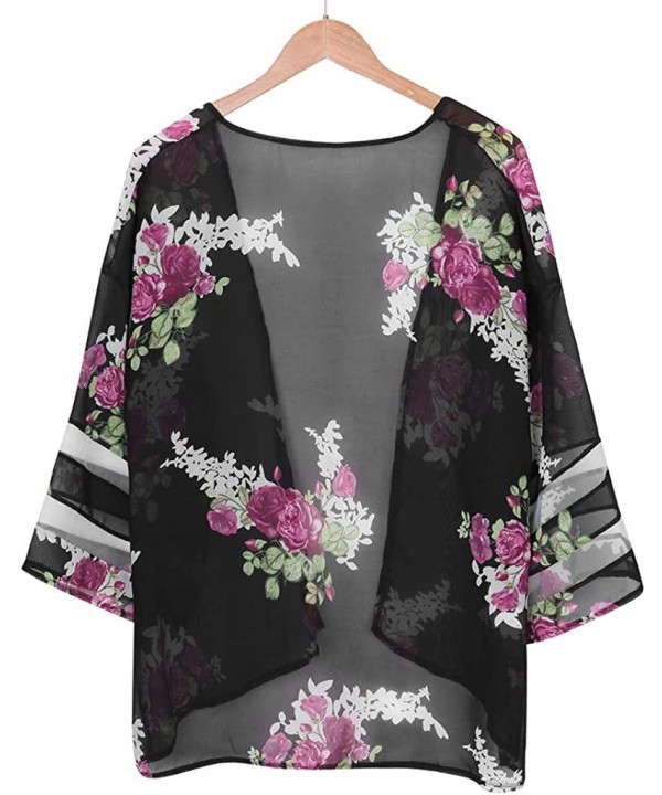 Womens Kimono Cardigan- Mesh Panel 3/4 Bell Sleeve Solid Color Floral Open Front Cover Up Tops Blouses - 2 Black - CQ18WHMXNE...