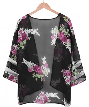 Womens Kimono Cardigan- Mesh Panel 3/4 Bell Sleeve Solid Color Floral Open Front Cover Up Tops Blouses - 2 Black - CQ18WHMXNE...