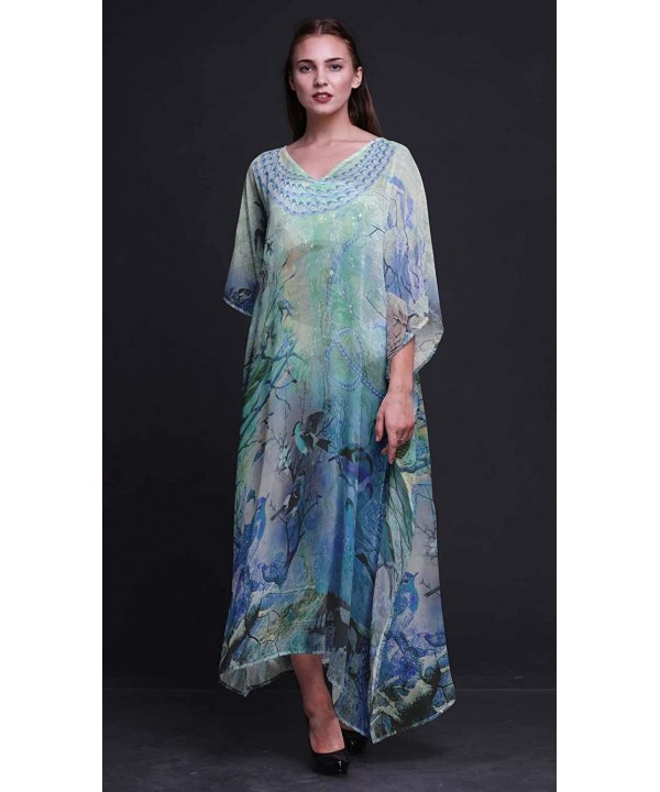 Sparrow Bird Ladies Kaftan Holiday Loungewear Maxi Dress Beach Coverup - Medium Blue - CA18NG9Q7KA $32.77-Cover-Ups