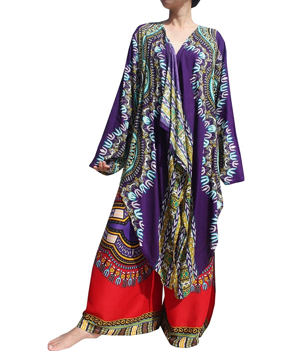 Draped Bohemian Long Sleeve Fashion Shirt in Rayon Afrika Dashiki Art - Violet - CN18KQC9ZY2 $28.77-Cover-Ups