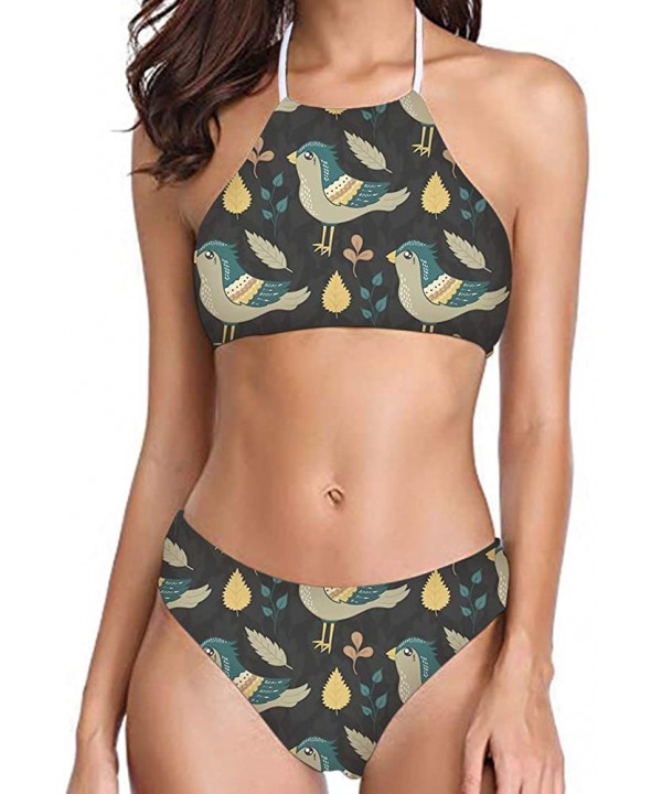 Women's All Over Printing Bikini High Neck Halter 2 Piece Swimsuit - Birds - 1465 - C718QEZUOYU $29.11-Sets