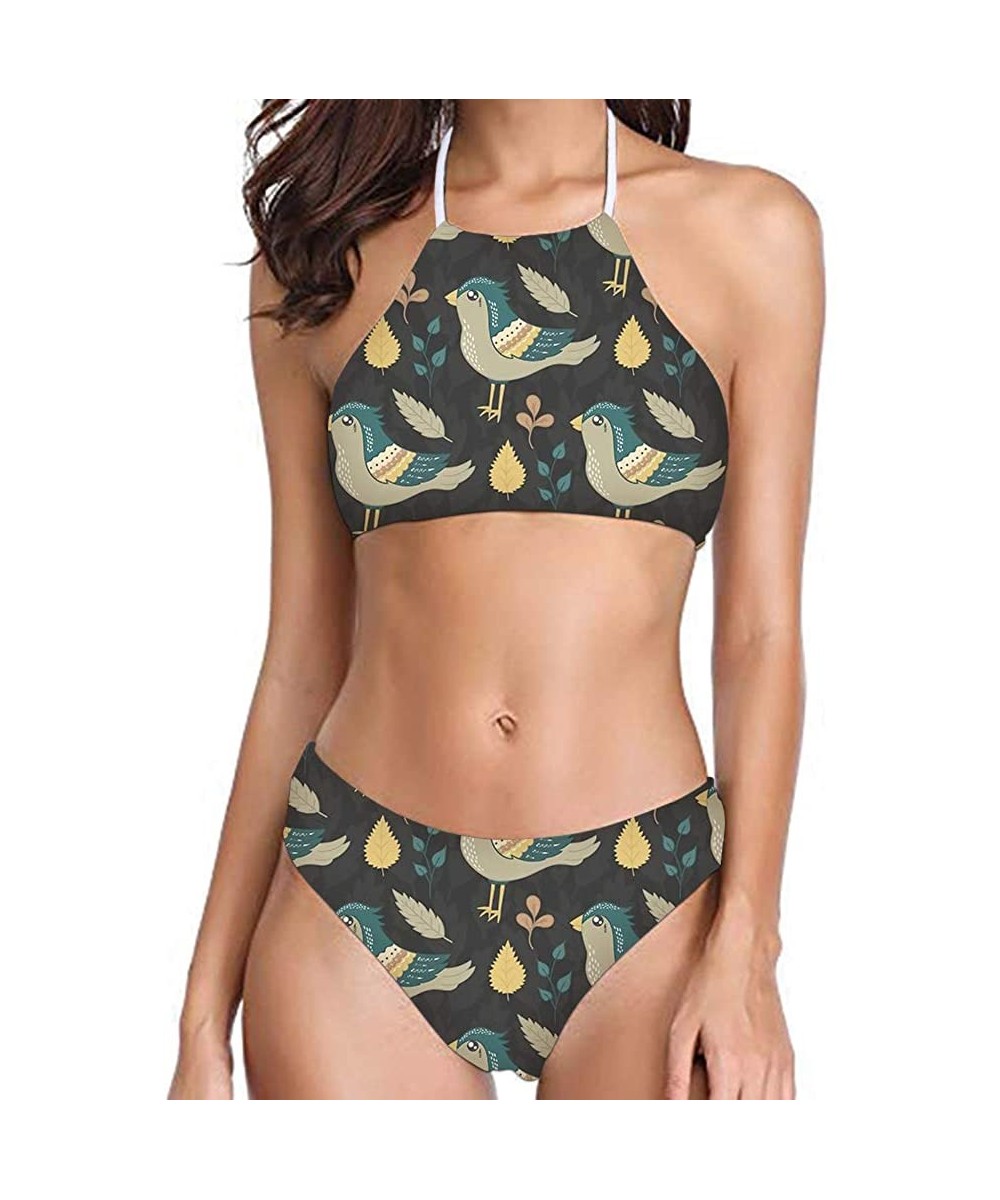 Women's All Over Printing Bikini High Neck Halter 2 Piece Swimsuit - Birds - 1465 - C718QEZUOYU $29.11-Sets