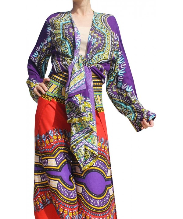 Draped Bohemian Long Sleeve Fashion Shirt in Rayon Afrika Dashiki Art - Violet - CN18KQC9ZY2 $28.77-Cover-Ups