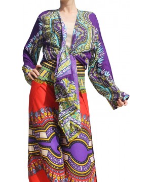 Draped Bohemian Long Sleeve Fashion Shirt in Rayon Afrika Dashiki Art - Violet - CN18KQC9ZY2 $28.77-Cover-Ups