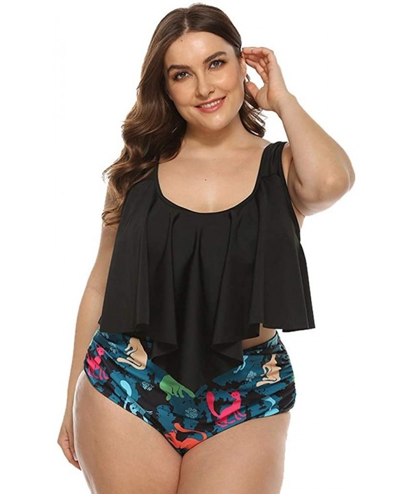 Plus Size Swimsuit for Women Two Pieces Bathing Suits Ruffled Bikini Cold Shoulder High Waist Tankini Set - Black - CE1945W55...