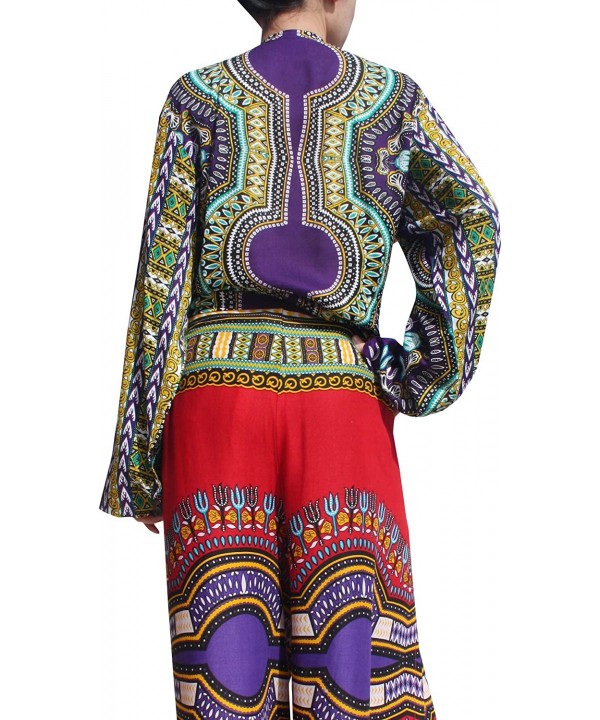 Draped Bohemian Long Sleeve Fashion Shirt in Rayon Afrika Dashiki Art - Violet - CN18KQC9ZY2 $28.77-Cover-Ups