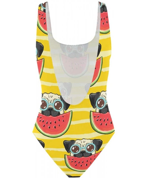 Animal Dog Pug with Watermelon Tankini Swimwear for Women Girl One Piece Bathing Suit Tummy Control Backless Swimsuit - C018R...