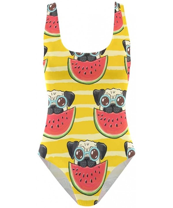 Animal Dog Pug with Watermelon Tankini Swimwear for Women Girl One Piece Bathing Suit Tummy Control Backless Swimsuit - C018R...