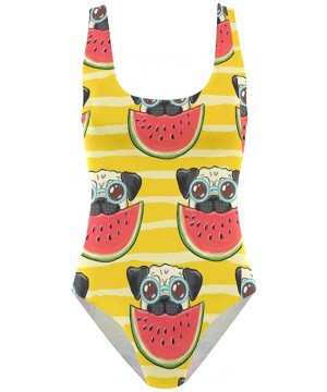 Animal Dog Pug with Watermelon Tankini Swimwear for Women Girl One Piece Bathing Suit Tummy Control Backless Swimsuit - C018R...