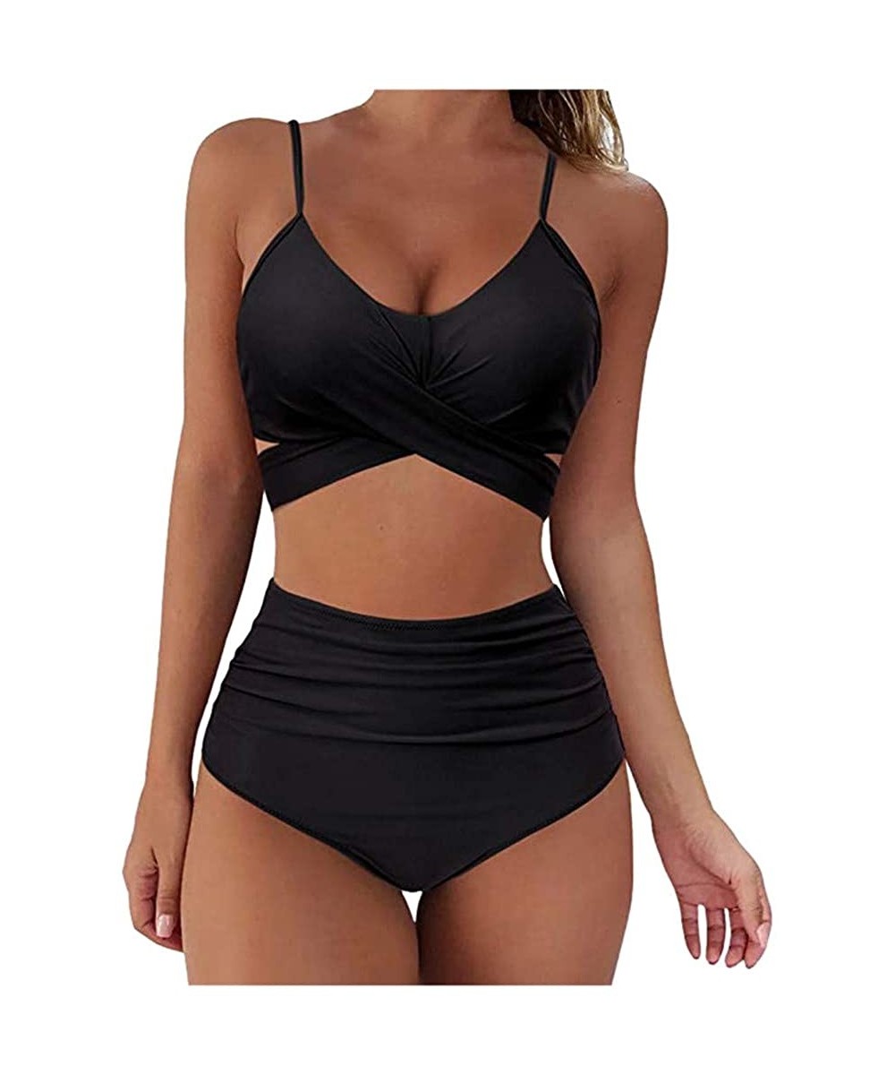 Women's Leaf Print Lace Up Ruched High Waisted Tankini Set Swimsuit Beach Swimwear High Waisted Bikini - Black-1 - CR190HSKIC...