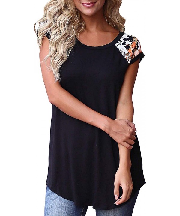 Womens Short Sleeve T Shirts Casual Floral Print Block Blouses Tops - Black - CP18SCR9ITL $16.49-Rash Guards