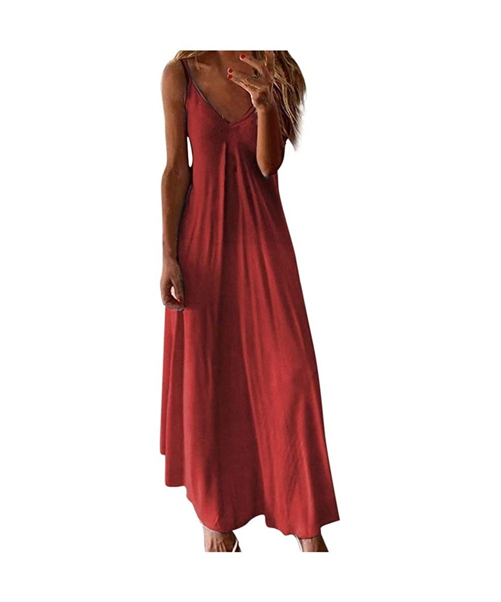 Women's Plus Size Sleeveless Dress V Neck Spaghetti Strap Boho Summer Casual Beach Tie Dye Long Maxi Dresses Red - C6199CSLXD...