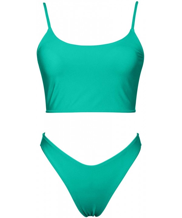 Women's Sexy Scoop Neck Shoulder Strap Bikini Sets High Cut Cheeky Two Piece Swimsuit - Green - CH1935TQN39 $20.26-Sets