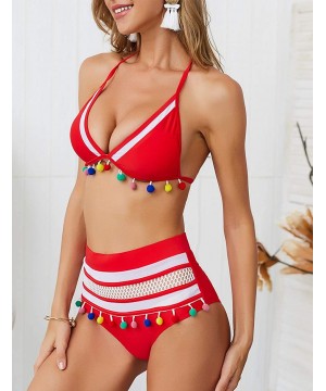 Womens High Waisted Bathing Suit Tassel 2 Piece Swimsuits for Women Triangle Halter Bikini Set - Red2 - CG18SUQGR6T $24.24-Sets