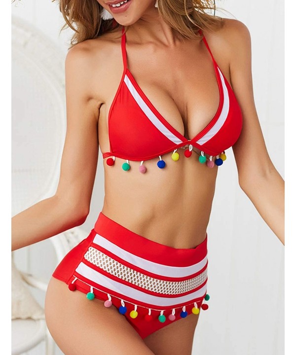 Womens High Waisted Bathing Suit Tassel 2 Piece Swimsuits for Women Triangle Halter Bikini Set - Red2 - CG18SUQGR6T $24.24-Sets