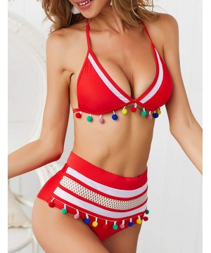 Womens High Waisted Bathing Suit Tassel 2 Piece Swimsuits for Women Triangle Halter Bikini Set - Red2 - CG18SUQGR6T $24.24-Sets