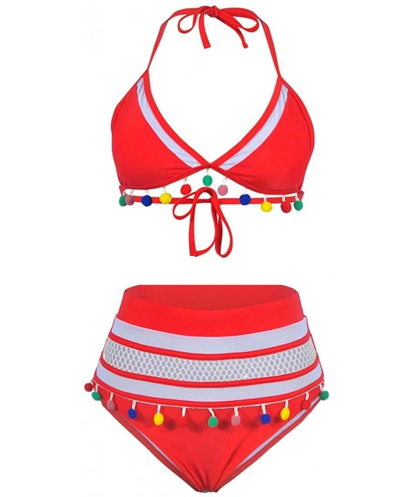 Womens High Waisted Bathing Suit Tassel 2 Piece Swimsuits for Women Triangle Halter Bikini Set - Red2 - CG18SUQGR6T $24.24-Sets