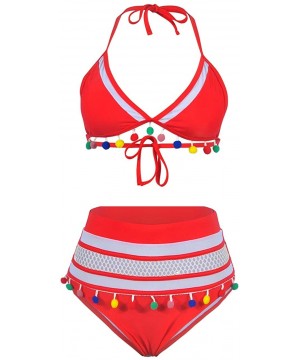 Womens High Waisted Bathing Suit Tassel 2 Piece Swimsuits for Women Triangle Halter Bikini Set - Red2 - CG18SUQGR6T $24.24-Sets