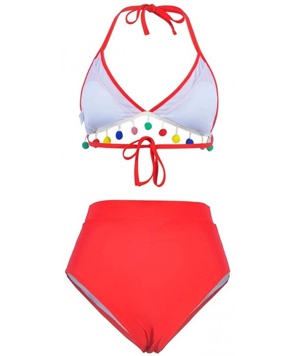 Womens High Waisted Bathing Suit Tassel 2 Piece Swimsuits for Women Triangle Halter Bikini Set - Red2 - CG18SUQGR6T $24.24-Sets