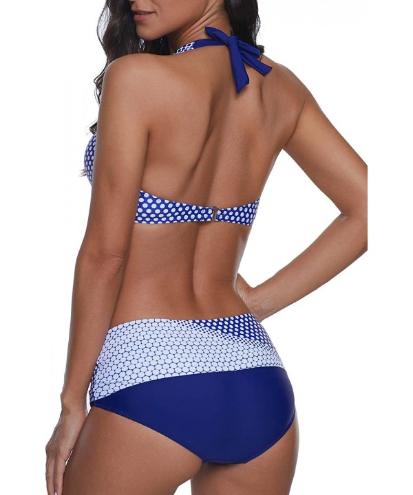 Womens Polka Dot Print Bikini Set Halter Neck Swimwear Twist Front 2 Piece Swimsuit - Royal Blue - CP18SI85O3O $19.64-Sets