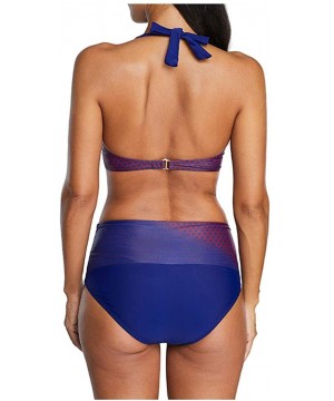 Women Halter Twisted Full Cup Sports Two Piece Pot Dot Bikini Set w High Waisted Crossover Bottom Swimsuit Purple - CQ194OTI4...