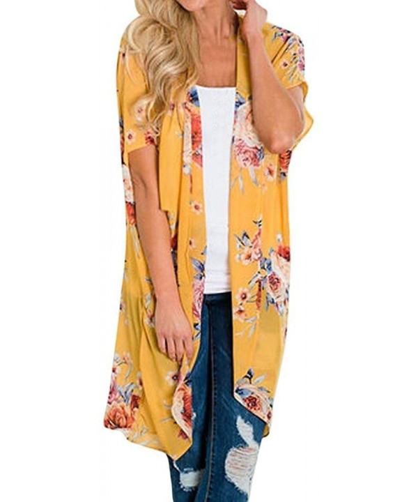 Women Summer Floral Three Quarter Chiffon Kimono Flare Sleeve Cardigans Blouse Cover Ups - 1-yellow - CY18H3RZ7O9 $11.34-Cove...