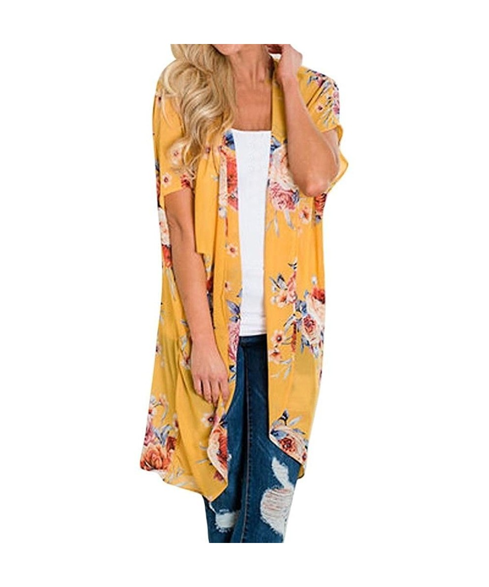 Women Summer Floral Three Quarter Chiffon Kimono Flare Sleeve Cardigans Blouse Cover Ups - 1-yellow - CY18H3RZ7O9 $11.34-Cove...