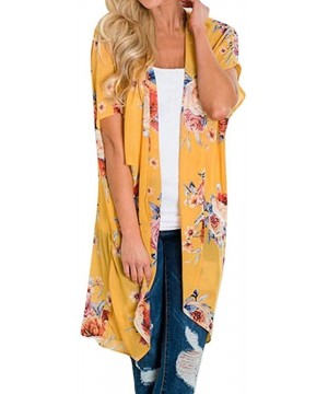 Women Summer Floral Three Quarter Chiffon Kimono Flare Sleeve Cardigans Blouse Cover Ups - 1-yellow - CY18H3RZ7O9 $11.34-Cove...