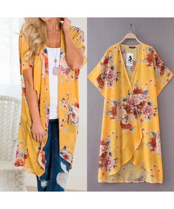 Women Summer Floral Three Quarter Chiffon Kimono Flare Sleeve Cardigans Blouse Cover Ups - 1-yellow - CY18H3RZ7O9 $11.34-Cove...