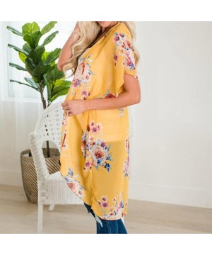 Women Summer Floral Three Quarter Chiffon Kimono Flare Sleeve Cardigans Blouse Cover Ups - 1-yellow - CY18H3RZ7O9 $11.34-Cove...