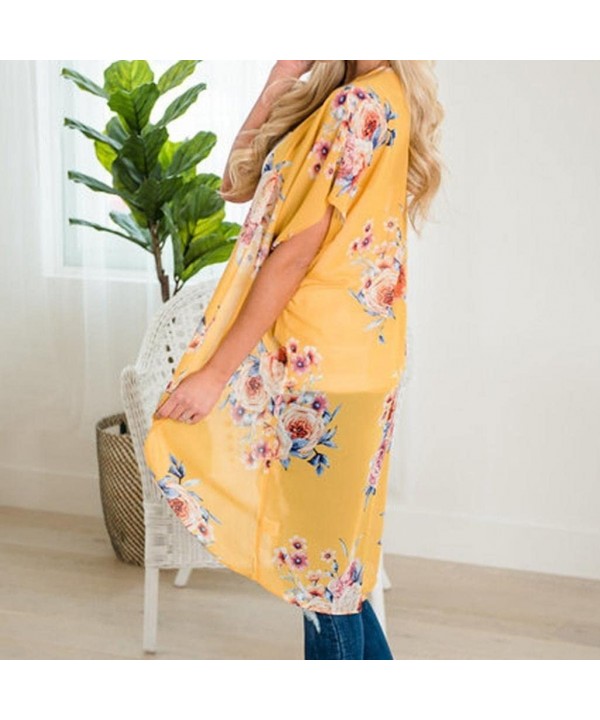 Women Summer Floral Three Quarter Chiffon Kimono Flare Sleeve Cardigans Blouse Cover Ups - 1-yellow - CY18H3RZ7O9 $11.34-Cove...