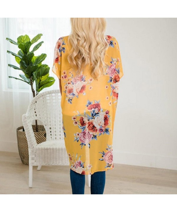 Women Summer Floral Three Quarter Chiffon Kimono Flare Sleeve Cardigans Blouse Cover Ups - 1-yellow - CY18H3RZ7O9 $11.34-Cove...