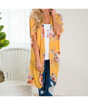 Women Summer Floral Three Quarter Chiffon Kimono Flare Sleeve Cardigans Blouse Cover Ups - 1-yellow - CY18H3RZ7O9 $11.34-Cove...