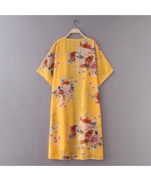 Women Summer Floral Three Quarter Chiffon Kimono Flare Sleeve Cardigans Blouse Cover Ups - 1-yellow - CY18H3RZ7O9 $11.34-Cove...