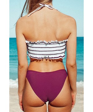 Women's Bikini Swimsuit Low Rise Ruffle Bandeau Striped Set - CX194L9438R $39.10-Sets