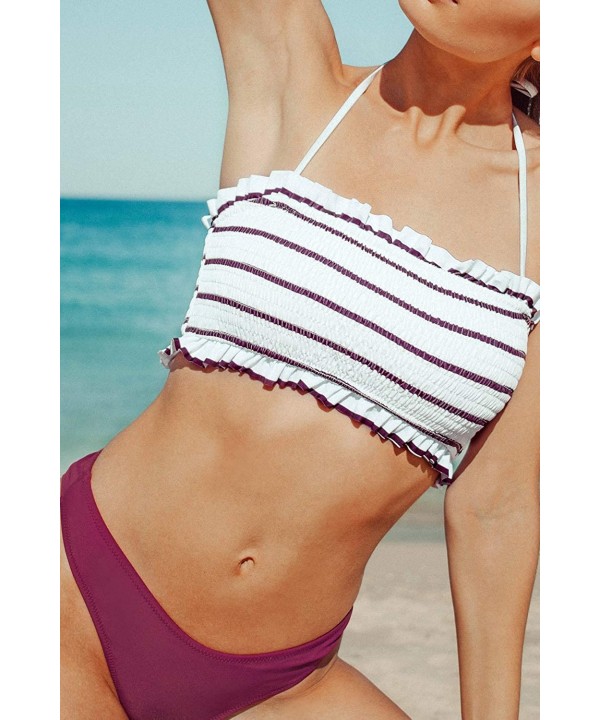 Women's Bikini Swimsuit Low Rise Ruffle Bandeau Striped Set - CX194L9438R $39.10-Sets