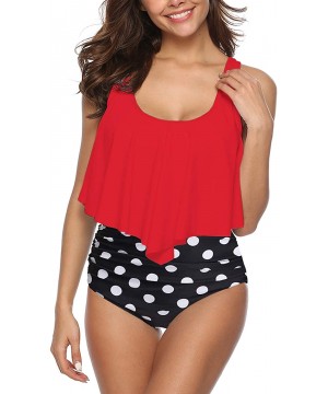 Women High Waisted Swimsuit Two Piece Ruffled Flounce Top with Ruched Bottom - 05red - CY18SC5LS42 $29.25-One-Pieces