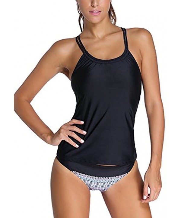 Women Banded Printed Tankini Top with Triangle Briefs Swimsuit - Black3 - CH199GAH209 $22.82-Tankinis