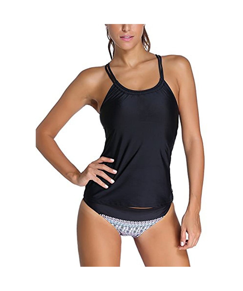 Women Banded Printed Tankini Top with Triangle Briefs Swimsuit - Black3 - CH199GAH209 $22.82-Tankinis