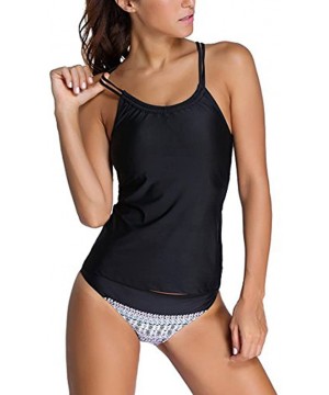 Women Banded Printed Tankini Top with Triangle Briefs Swimsuit - Black3 - CH199GAH209 $22.82-Tankinis