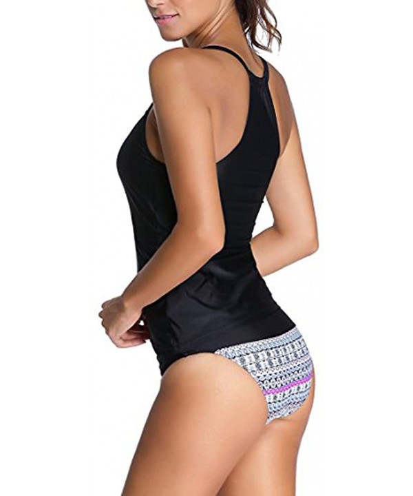 Women Banded Printed Tankini Top with Triangle Briefs Swimsuit - Black3 - CH199GAH209 $22.82-Tankinis