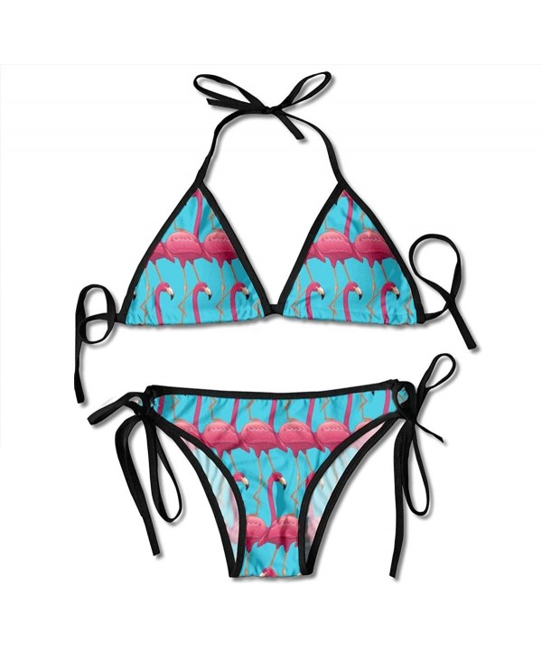 Women Girl Sexy Bikini Two-Piece Padded Push Up Low Waist Beachwear - Pink Flamingos on Blue Background - CI18REX4R5A $12.52-...