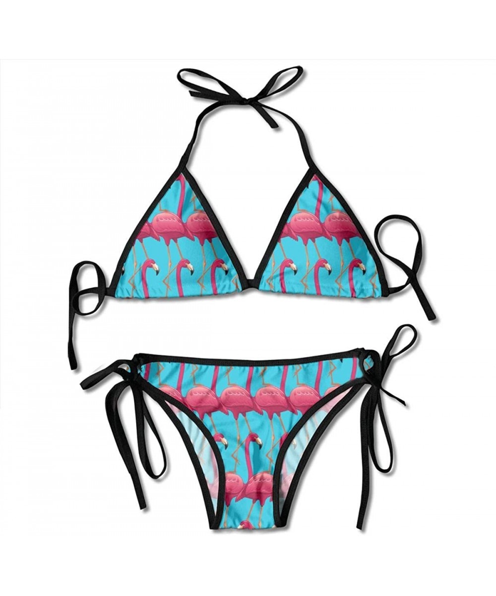 Women Girl Sexy Bikini Two-Piece Padded Push Up Low Waist Beachwear - Pink Flamingos on Blue Background - CI18REX4R5A $12.52-...