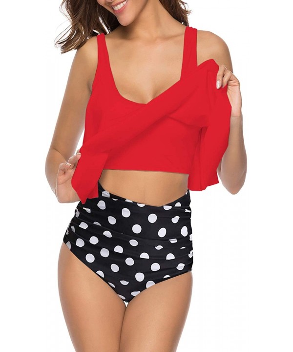 Women High Waisted Swimsuit Two Piece Ruffled Flounce Top with Ruched Bottom - 05red - CY18SC5LS42 $29.25-One-Pieces