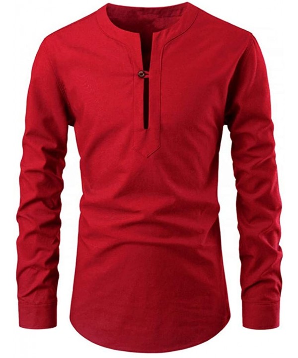 Fashion Tops for Men Solid Color Stand Collar Long Sleeve Shirt Slim Fit Blouse - Red - CJ18YKN0H0X $18.74-Rash Guards