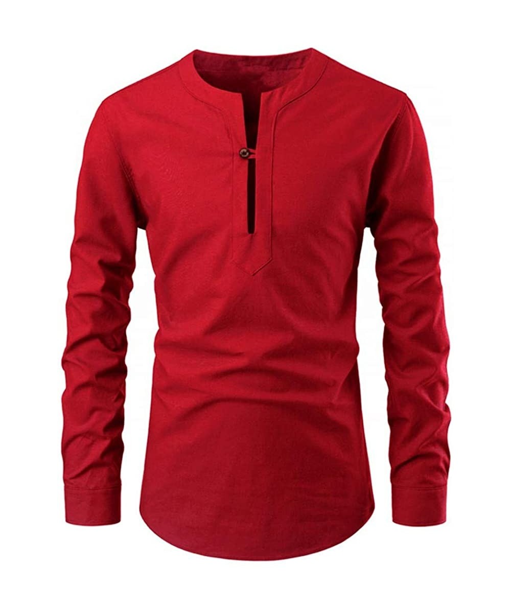 Fashion Tops for Men Solid Color Stand Collar Long Sleeve Shirt Slim Fit Blouse - Red - CJ18YKN0H0X $18.74-Rash Guards