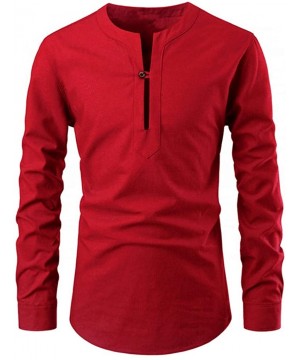 Fashion Tops for Men Solid Color Stand Collar Long Sleeve Shirt Slim Fit Blouse - Red - CJ18YKN0H0X $18.74-Rash Guards