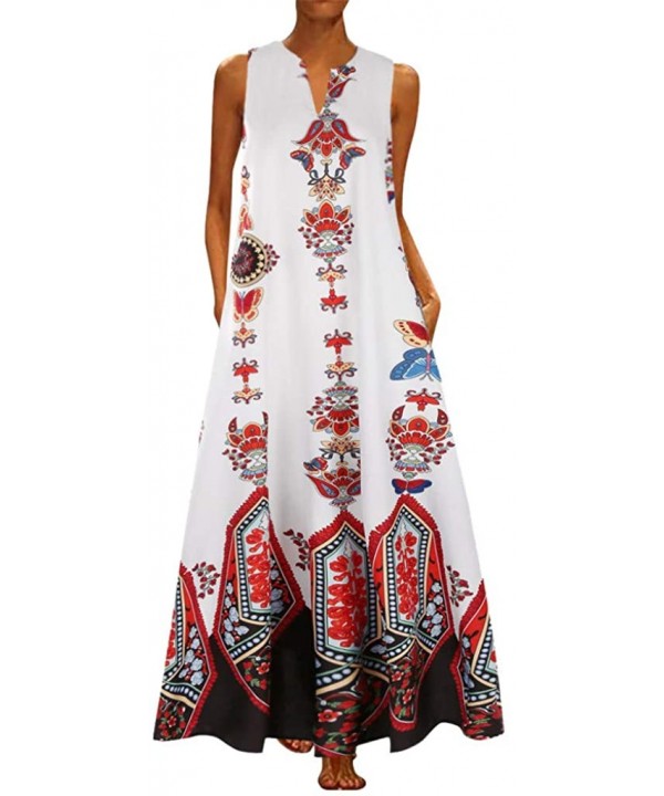 Women's Sleeveless Long Maxi Dress Boho V Neck Vintage Floral Printed Summer Casual Loose Party Tank Dresses Z1 white - C919C...