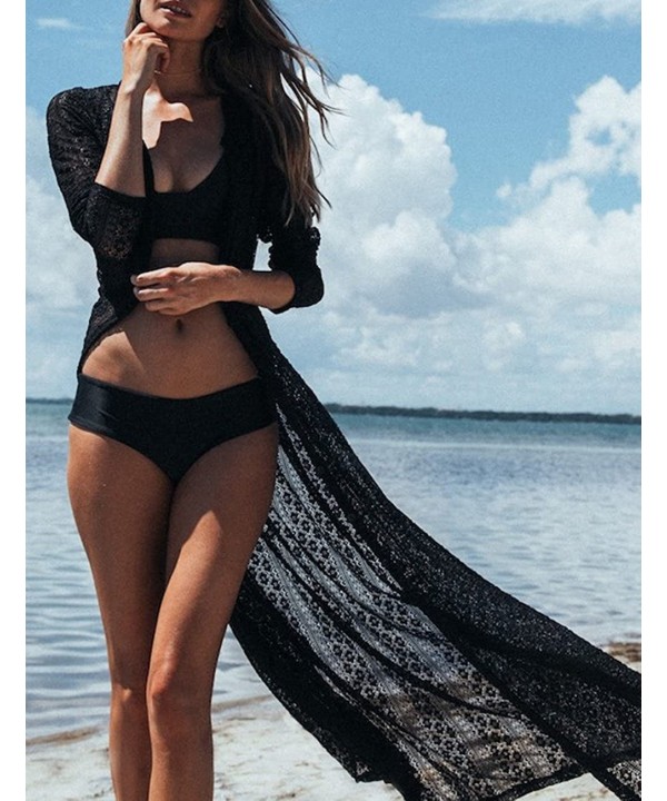 Women Sexy Lace Crochet Open Front Swimsuit Beach Long Kimono Cover Ups - Black 1 - CL18E0NHLTN $19.40-Cover-Ups