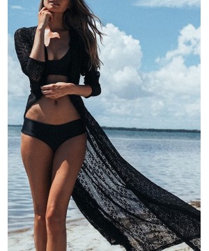 Women Sexy Lace Crochet Open Front Swimsuit Beach Long Kimono Cover Ups - Black 1 - CL18E0NHLTN $19.40-Cover-Ups